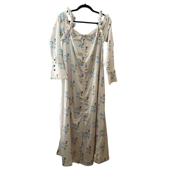 Ganni Floral Crinkled Satin Off-Shoulder Slit Maxi Dress Bell Sleeves Size 36 - Picture 9 of 16